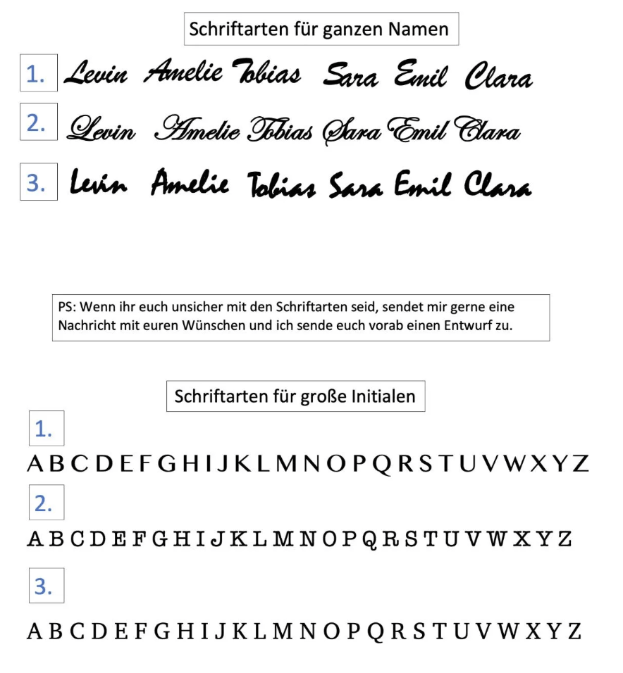 Übersicht der verfügbaren Schriftarten für personalisierte 3D Buchstaben und Namensschilder